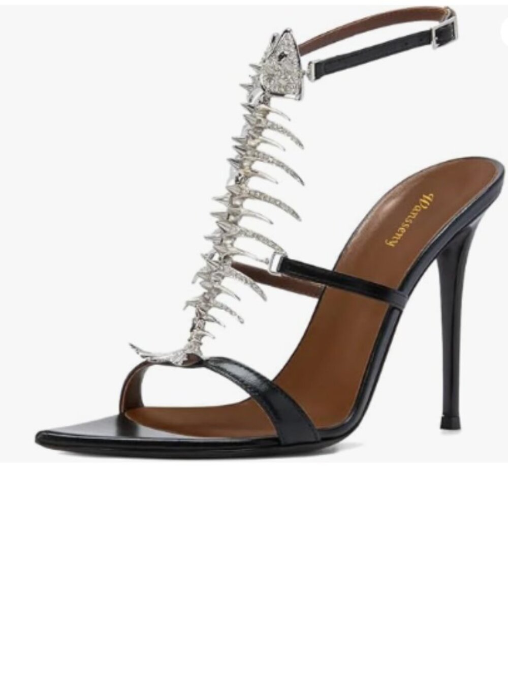 Wansseny Black Open Pointed Toe Fishbone Rhinestones Sandals Ankle Strap Sho